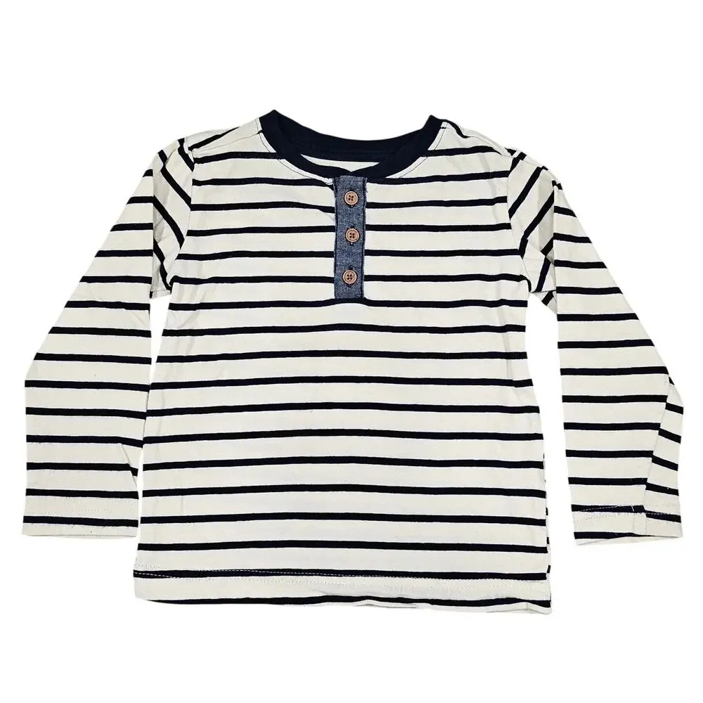 PEKKLE TODDLER LONG‑SLEEVE STRIPED HENLEY TOP – NAVY/WHITE – SIZE 2T